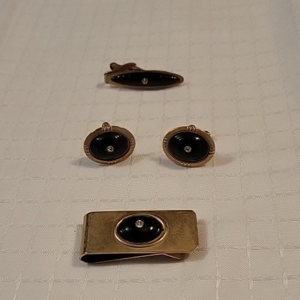 Vingtage Metal Gold Tone Money Clip, Cufflinks, Tie Clip Onyx Clear Stone